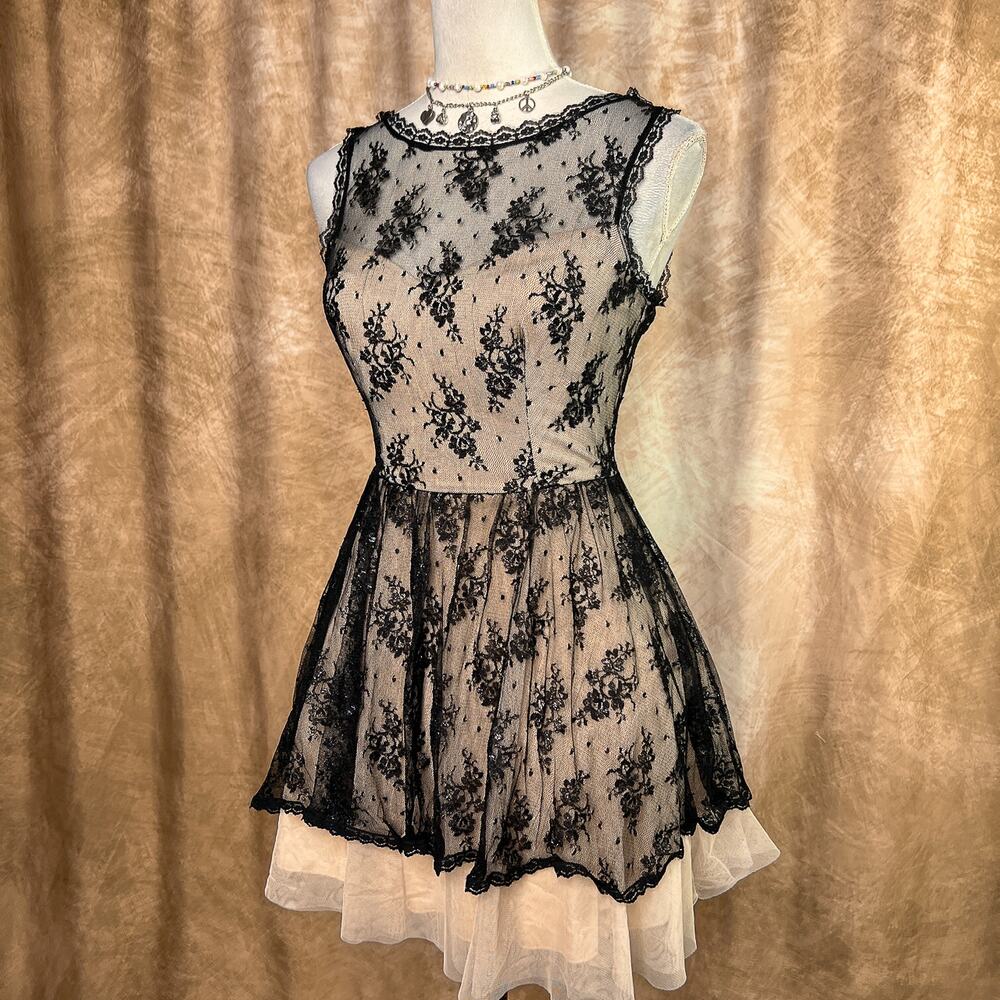 Y2K Lace Mini Babydoll Dress Floral Mesh Sleeveless Formal Fairy Coquette 2000s